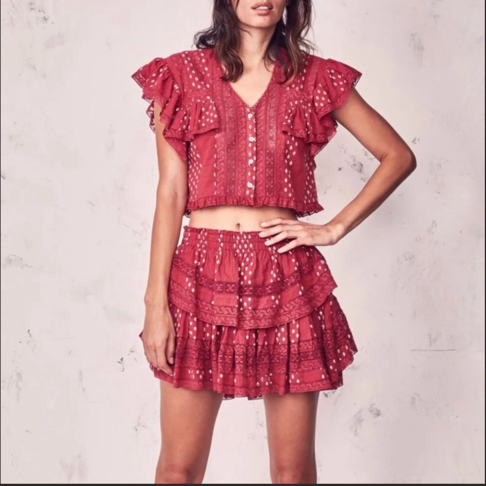 LoveShackFancy Ruffle Mini Skirt | Small Red and White | Slightly Distressed